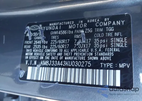 2019 Hyundai Tucson Value z USA, uszkodzony, nr VIN KM8J33A43KU030275